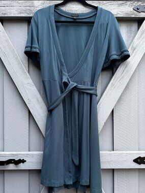 Ann Taylor Faux Wrap Dress Size 6 Teal Blue Stretch Knit Short Sleeve